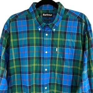 Barbour Men's Large Tailored Fit Plaid Button Down Shirt Blue Green‎ Cotton